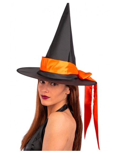 Cappello strega in tessuto plastificato con fiocco arancione in raso