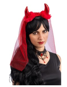 Cerchietto diavolo rosso con marabout e velo in tulle