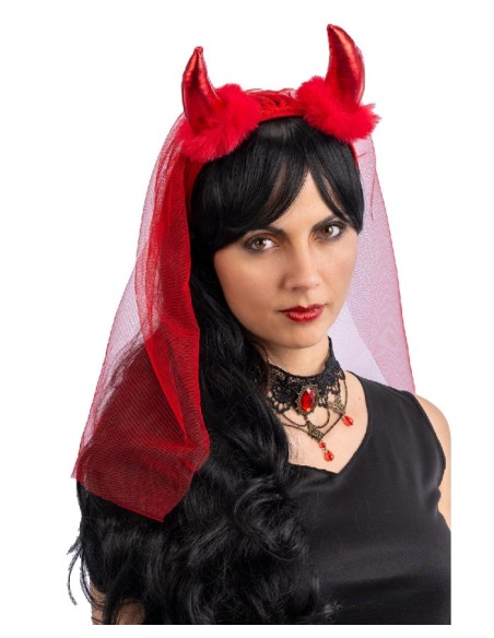 Cerchietto diavolo rosso con marabout e velo in tulle