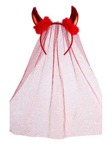 Cerchietto diavolo rosso con marabout e velo in tulle