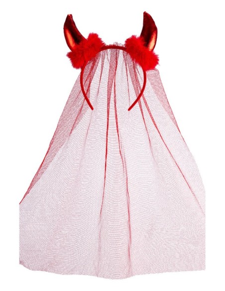 Cerchietto diavolo rosso con marabout e velo in tulle