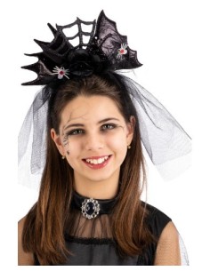 Cerchietto con fiocco nero, ragnatela e ragni