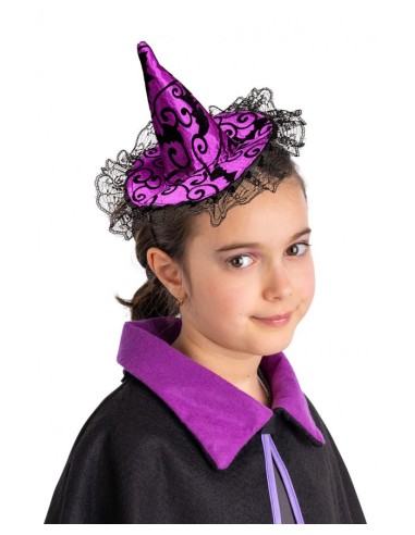 Cerchietto con cappellino strega viola damascato Cm. 13