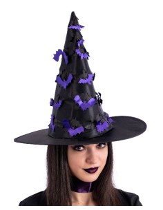 Cappello strega in tessuto plastificato nero con pipistrelli intagliati