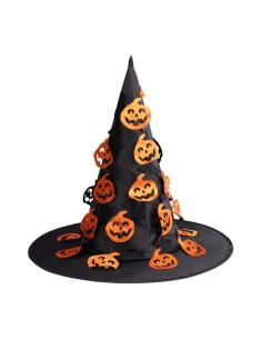 Cappello strega in tessuto plastificato nero con zucche intagliate 2