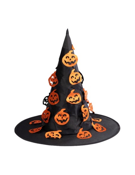 Cappello strega in tessuto plastificato nero con zucche intagliate