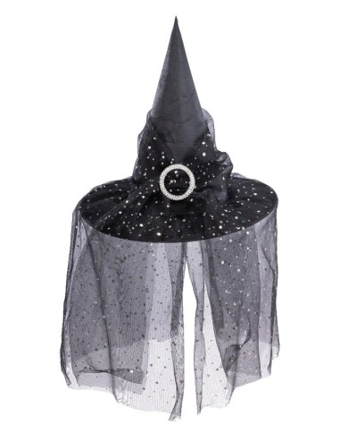 Cappello strega nero in rasetto con veletta Cm. 35