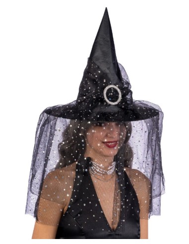 Cappello strega nero in rasetto con veletta Cm. 35