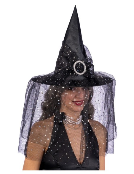 Cappello strega nero in rasetto con veletta Cm. 35