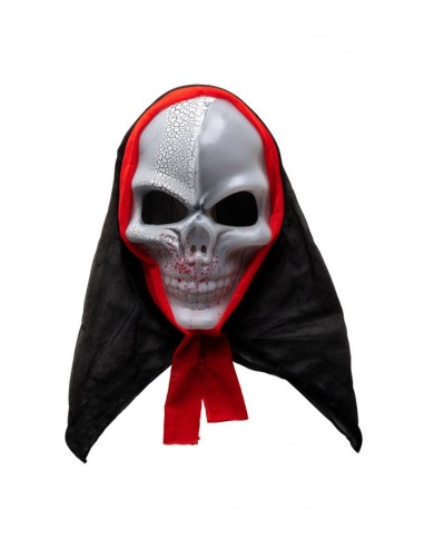 Maschera scheletro insanguinato in plastica rigida con cappuccio