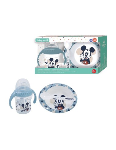 Set regalo Baby con bicchiere con maniglie e beccuccio + piatto + cucchiaio - Michey Topolino