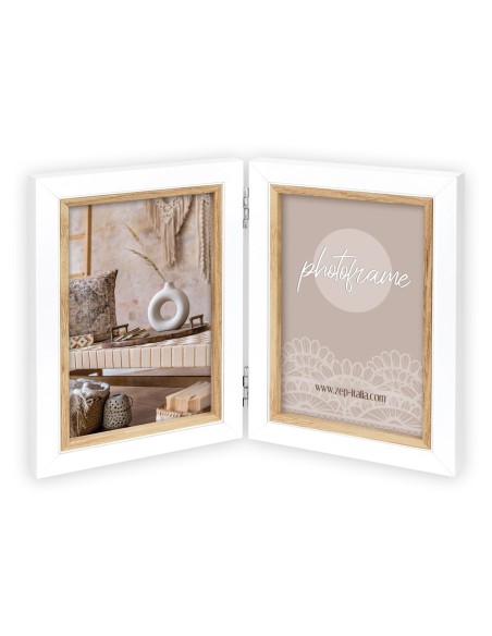 Portafoto in legno doppio per 2 foto cm. 13x18 Bianco e marrone