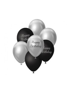 Palloncini lattice 12'' Black&Silver - Happy Birthday - Blister 7 pezzi