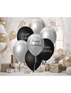 Palloncini lattice 12'' Black&Silver - Happy Birthday - Blister 7 pezzi 2