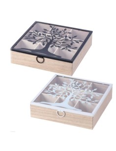 Scatola porta the in legno Cm. 24x24x6 «Albero» – Colori assortiti