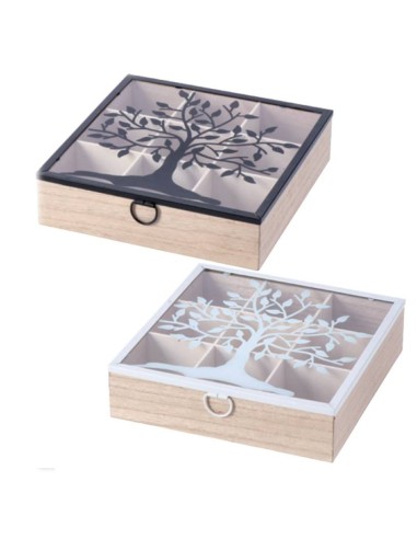 Scatola porta the in legno Cm. 24x24x6 «Albero» – Colori assortiti