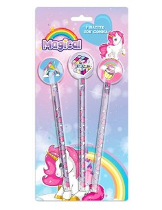 Blister 3 matite con gomma - Unicorno