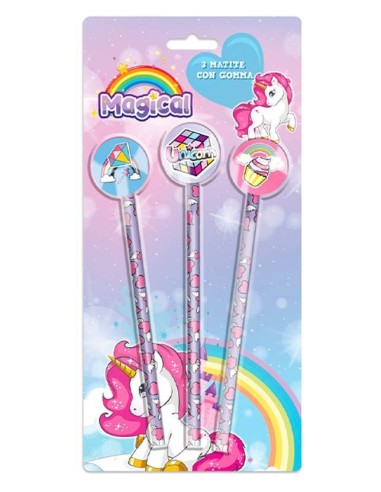 Blister 3 matite con gomma - Unicorno