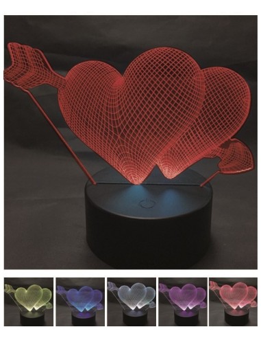 Lampada tavolo led 3D doppio cuore cambiacolore Cm. 18x15
