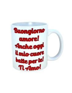 Tazza mug ceramica in scatola "Buongiorno amore! Anche oggi il mio cuore batte per te"
