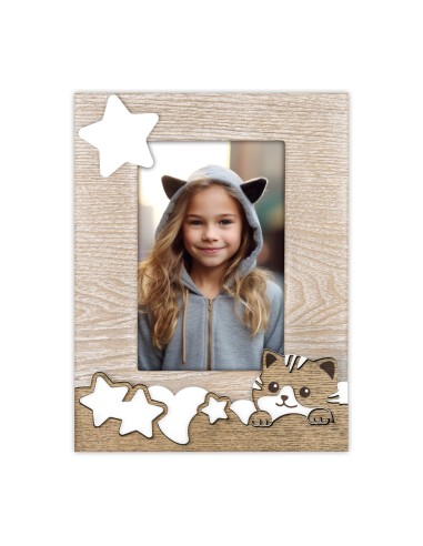 Portafoto in legno con applicazioni "Gattino" Cm. 18,5x23 - Foto cm. 10x15