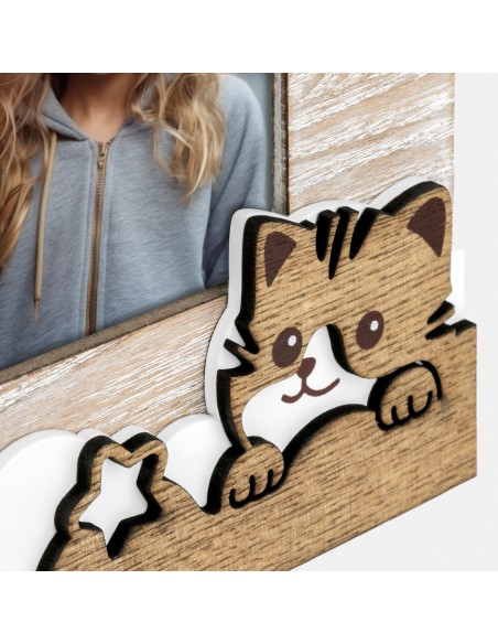 Portafoto in legno con applicazioni "Gattino" Cm. 18,5x23 - Foto cm. 10x15