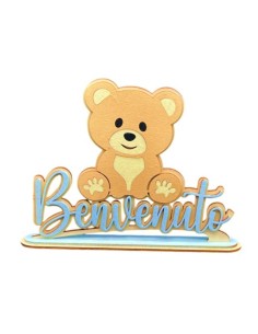 Scritta legno artigianale "Benvenuto" con orsetto Cm. 33x24