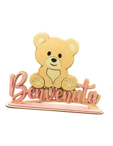 Scritta legno artigianale "Benvenuta" con orsetto Cm. 33x24