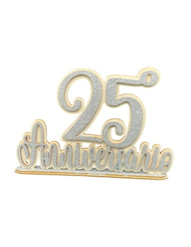 Scritta in legno artigianale 25° Anniversario Silver glitter Cm. 35x24