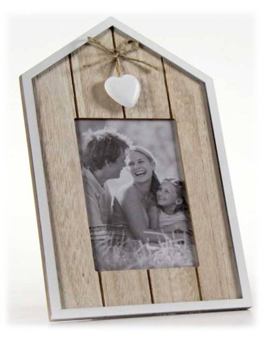 Portafoto in legno "Casetta" con cuore appeso Cm. 17x28