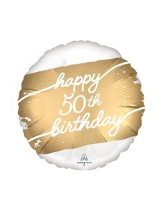 Palloncino mylar 18" Cm. 45 - White Gold - "Happy 50th Birthday"