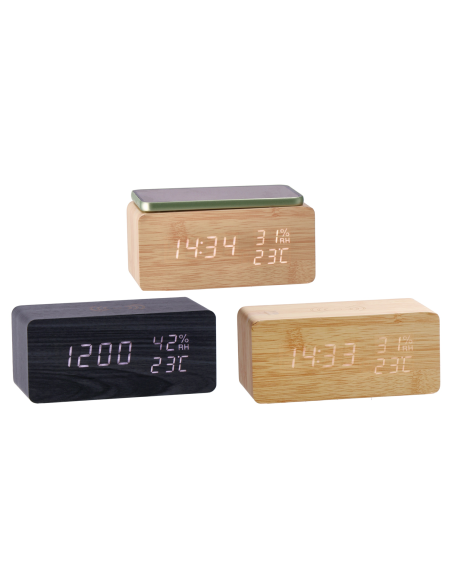 Orologio sveglia led mdf con base ricarica wireless Cm. 17x8x8 - Colori assortiti