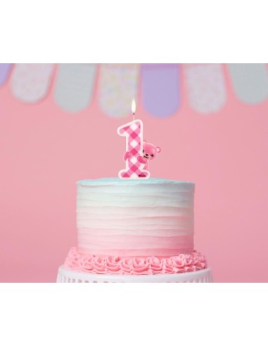 Candelina per torta Nr. 1 con orsetto Cm. 12 - Rosa