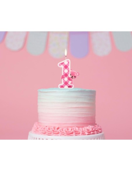 Candelina per torta Nr. 1 con orsetto Cm. 12 - Rosa
