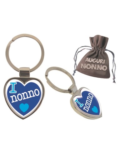 Portachiavi cuore con placca resinata in sacchetto regalo vellutato "Nonno"