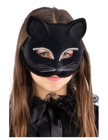 Maschera gatto in plastica e vellutino con strass