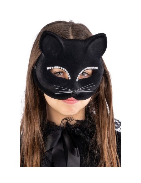 Maschera gatto in plastica e vellutino con strass