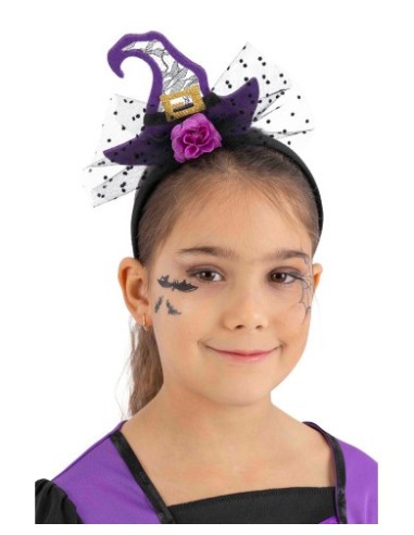 Cerchietto con cappellino strega viola e tulle