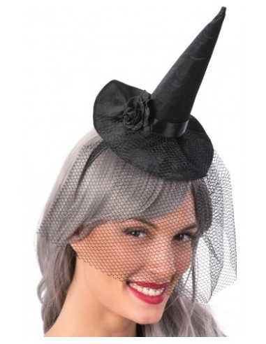 Cerchietto cappellino strega nero in raso con veletta e rosa Cm. 18