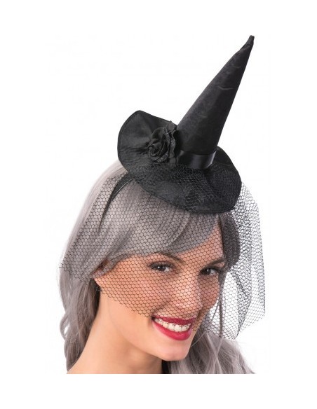 Cerchietto cappellino strega nero in raso con veletta e rosa Cm. 18