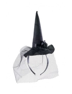 Cerchietto cappellino strega nero in raso con veletta e rosa Cm. 18 2