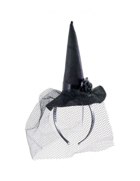 Cerchietto cappellino strega nero in raso con veletta e rosa Cm. 18