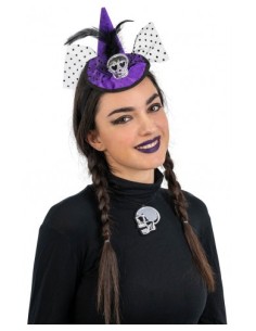 Cerchietto cappellino strega viola con teschio, piume e voile