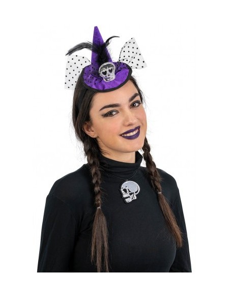 Cerchietto cappellino strega viola con teschio, piume e voile
