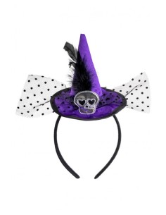 Cerchietto cappellino strega viola con teschio, piume e voile 2