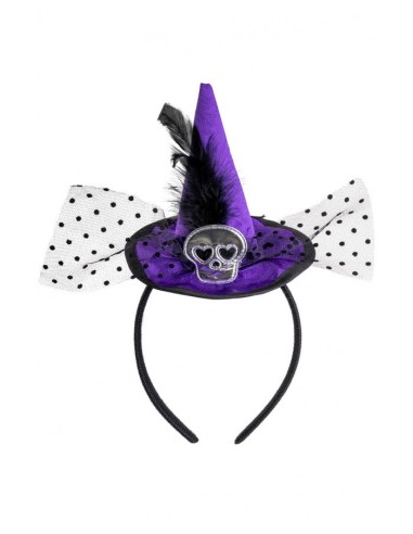 Cerchietto cappellino strega viola con teschio, piume e voile