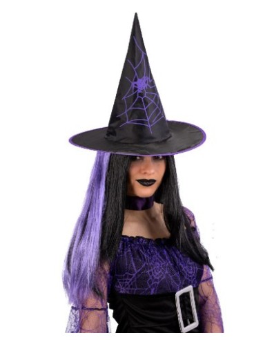 Cappello strega in tessuto con capelli viola Cm. 35