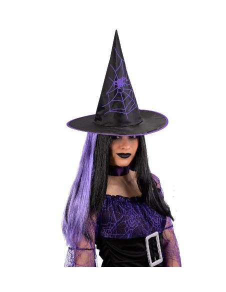 Cappello strega in tessuto con capelli viola Cm. 35