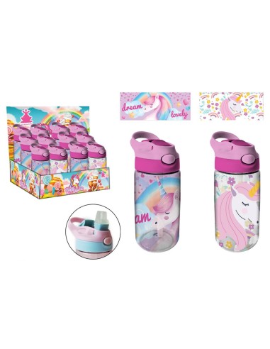 Borraccia trasparente con cannuccia a scatto e maniglia 480 ML - Unicorno
