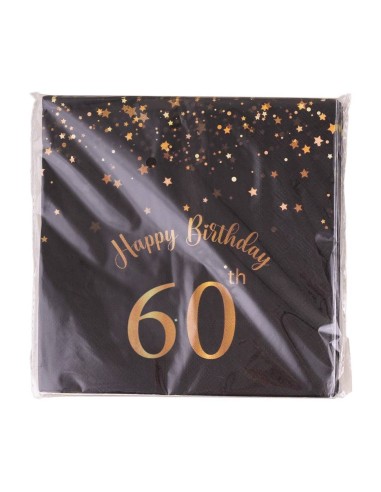 Tovaglioli carta Cm. 33x33 - Happy Birthday 60th Black&Gold - Cf. 20 pezzi